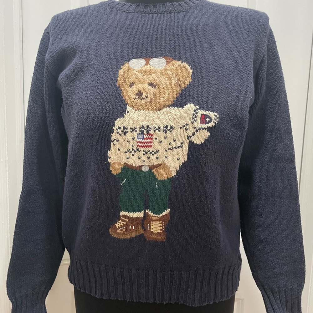 Vintage Rare Polo Sport Ralph Lauren Polo Bear Knit Sweater Women's Size S Navy
